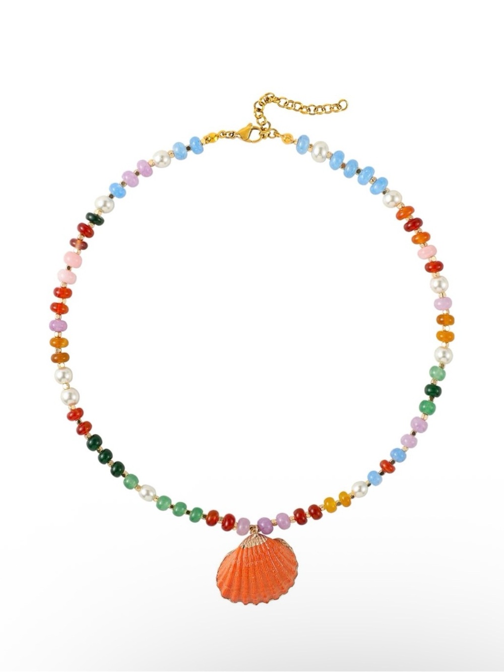 Colorful Beaded Necklace with Orange Shell Pendant - Designer